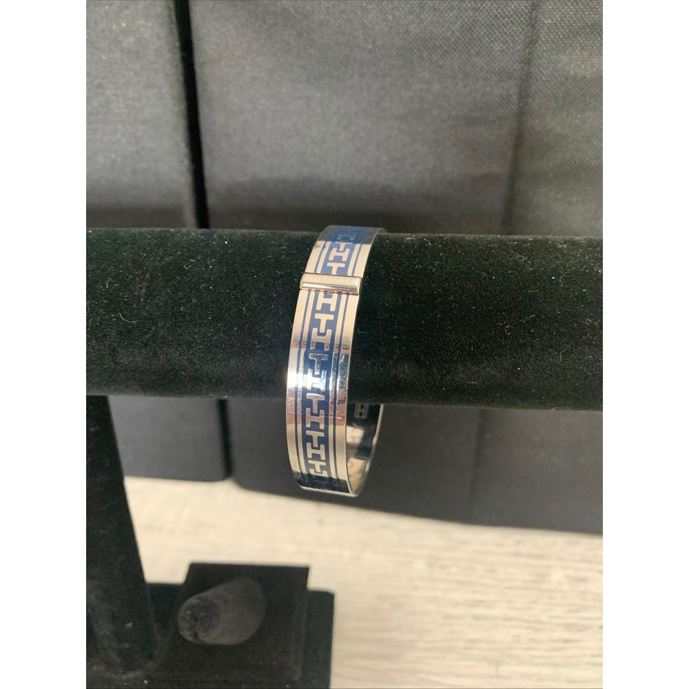 Tommy Hilfiger Stainless Silver Tone Blue Geometric TH‎ Pattern Bangle Bracelet